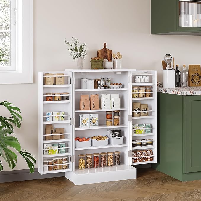 41" Pantry Cabinet with Doors and Adjustable Shelves, White Freestanding Kitchen Storage Cabinet for Snacks and Food, Small Space Pantry Closet