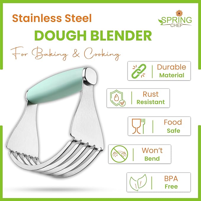 Spring Chef XL Stainless Steel Pastry Cutter Tool for Baking - Heavy Duty Dough Blender - Butter & Dough Cutter Tool with Sharp Blades - Pastry Blender for Easy Mixing - Dishwasher Safe - Mint