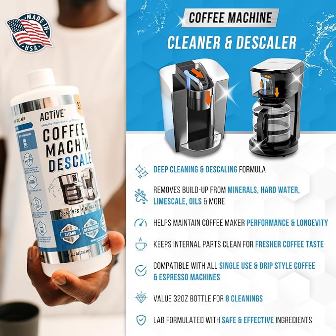 ACTIVE Coffee Machine Descaler Descaling Solution - 32oz (8 Uses) Compatible with Keurig,Nespresso,Breville,Delonghi, Jura, Ninja - Espresso Coffee Maker Cleaner,Coffee Pot Cleaning Limescale Remover