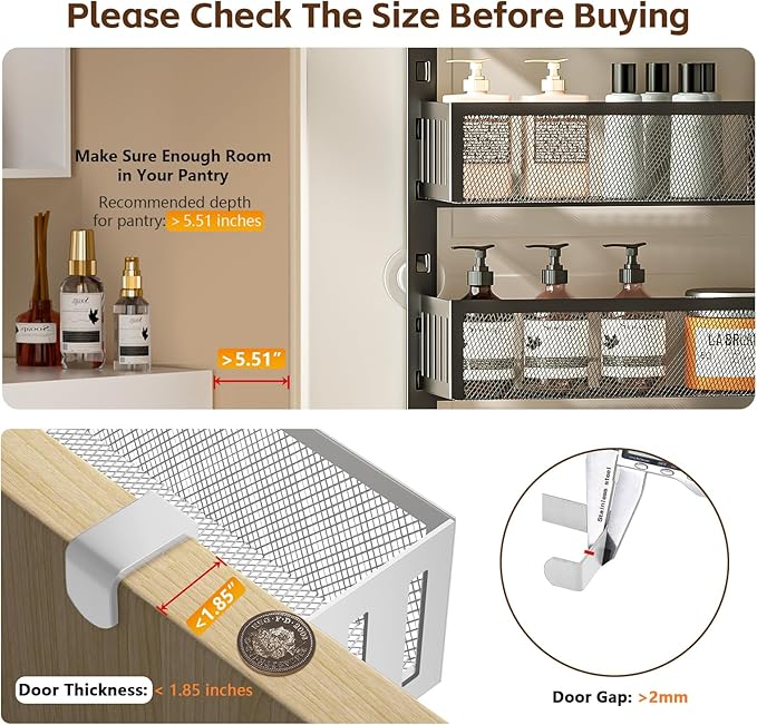 6-Tier Over The Door Pantry Organizer with Mesh Baskets, Adjustable & Stable Hanging Spice Rack for Kitchen, Bathroom, Bedroom, and Baby Essentials Storage (16" W 6-Tiers, Black)