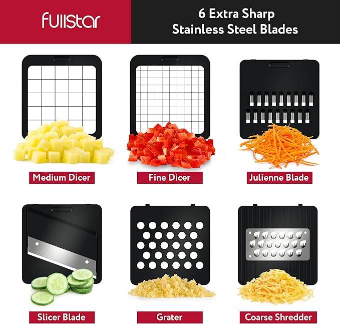 Fullstar Mandoline Slicer for Kitchen - Vegetable Chopper, Onion Potato Food Veggie Fruit Slicer and Cutter with Container, Kitchen Gadgets & Accessories, Home Essentials (6-in-1, Black)