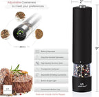 Electric Pepper Grinder or Electric Salt Grinder - Single Battery Operated Stainless Steel Salt or Pepper Mill with Light (Black) - Automatic One Handed Operation with Adjustable Ceramic Grinder