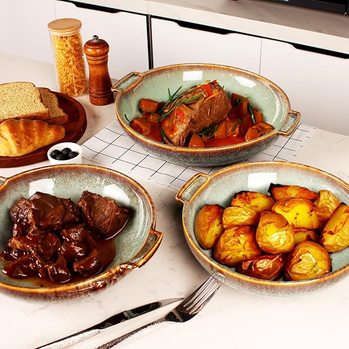 Round Casserole Dish, 2.5 Qt Ceramic Au gratin Baking Dish, Baking Pan with Handles or for mixing, salad, pasta bowl, Best gift for those who love baking, Microwave, Oven safe