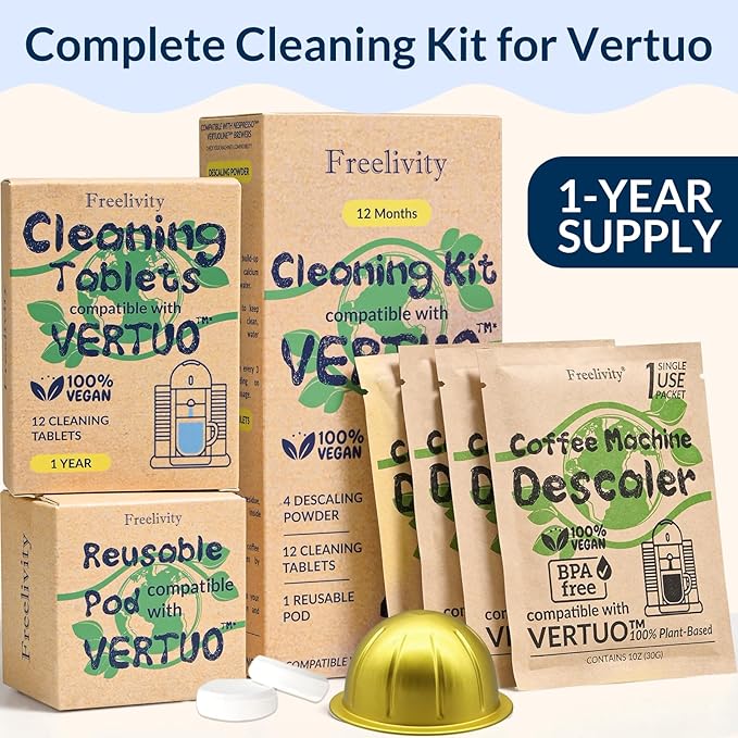Nespresso Compatible Vertuo Cleaning & Descaling Kit – 1 Year Supply. Includes 4 Descaling Powder Solution, 12 Cleaning Tablets, 1 Reusable Pod, Eco-Friendly Vertuoline Maintenance Kit