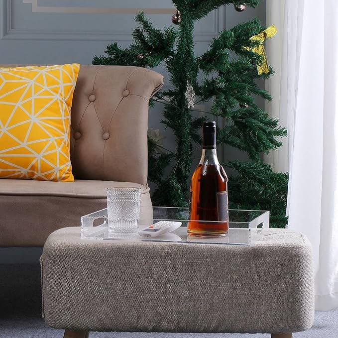 Modern Acrylic Ottoman Tray with Cutout Handles, Acrylic Serving, Organizer Decorative for Living Room, Bedroom,Bathroom and Kitchen Tabletop (Clear, 11x14 Inch)