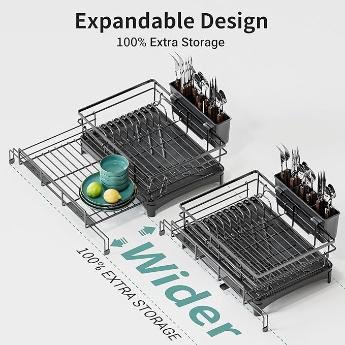 Large Dish Drying Rack - Expandable Dish drainers for Kitchen Counter,Over The Sink Dish Drainer Drying Rack,Rustproof Dish Drainer with Utensil Holder and Drainboard