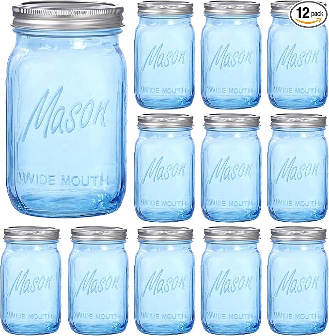 WELLIFE Wide Mouth Mason Jars,12 Pack Blue Mason Jars 32 OZ,Mason Jar for Decor Canning & DIY Crafts,Food Storage,Fermenting,Pickling,Meal Prep