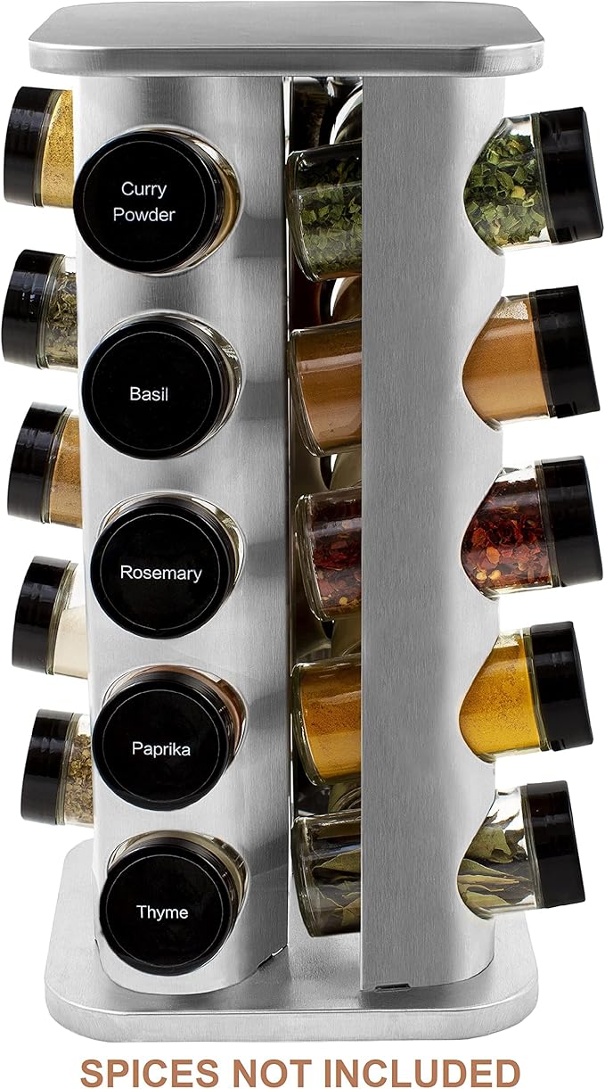 Orii 20 Jar Rotating Stainless Steel Spice Rack - No Spices - Black Lids