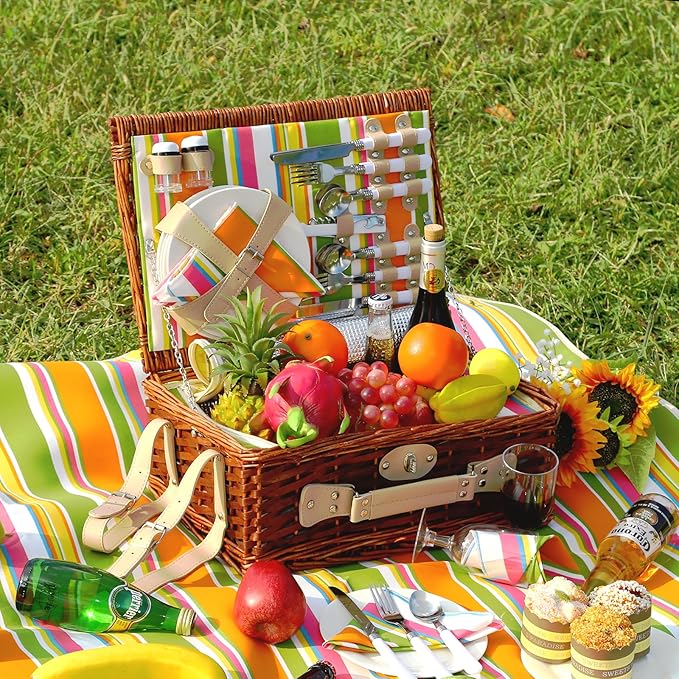 Picnic Basket Set for 4 with Waterproof Blanket Mat Insulation Bag Wicker Rainbow Stripe Cute Hawaiian Tropical Gift for Wedding Birthday Summer Camp Outdoor Camping Beach Travel Christmas