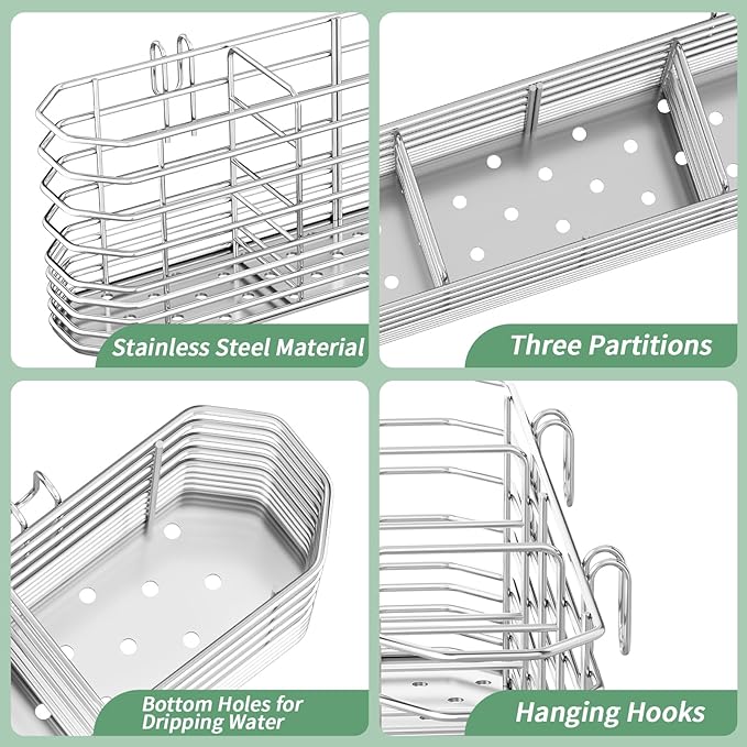 304 Stainless Steel Utensil Holder, Silverware Drying Rack with Hooks for Dish Drainer, Knife and Fork Drainer Basket with 3 Divided Compartments, Kitchen Drainage Basket Accessories, Rust Proof
