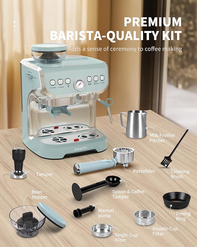 Amaste Espresso Machine with Grinder, 15 Bar Espresso Machine with Steam Wand for Latte and Cappuccino, 68Oz Water Tank, Pre-Infuse Brewing, Espresso Coffee Maker for Home Use, Barista Kit, Blue
