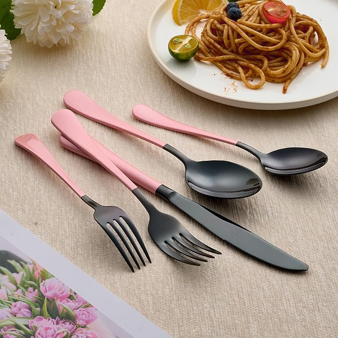 20-Piece Black Silverware Set 18/0 Stainless Steel Silverware Set Light pink Handle Cutlery Set Service for 4 Dinner Knives Forks Spoons Set Flatware Set Finish Dishwasher Safe