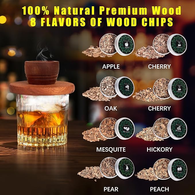 Whiskey Smoker Kit with Torch - 8 Natural Wood Chips Flavors, 2 Glasses, 2 Ice Molds - Cocktail Smoker Infuser Kit, Old Fashioned Smoker Kit, Birthday Bourbon Whiskey Gifts for Men, Dad