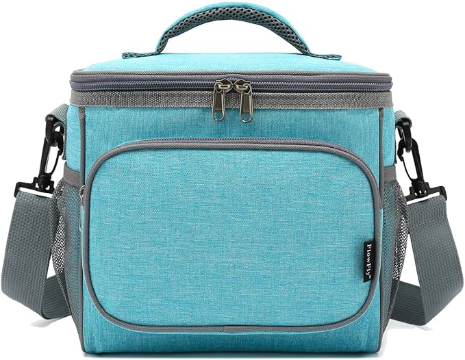 FlowFly Insulated Reusable Lunch Bag Adult Large Lunch Box for Women and Men with Adjustable Shoulder Strap,Front Zipper Pocket and Dual Large Mesh Side Pockets,SeaBlue