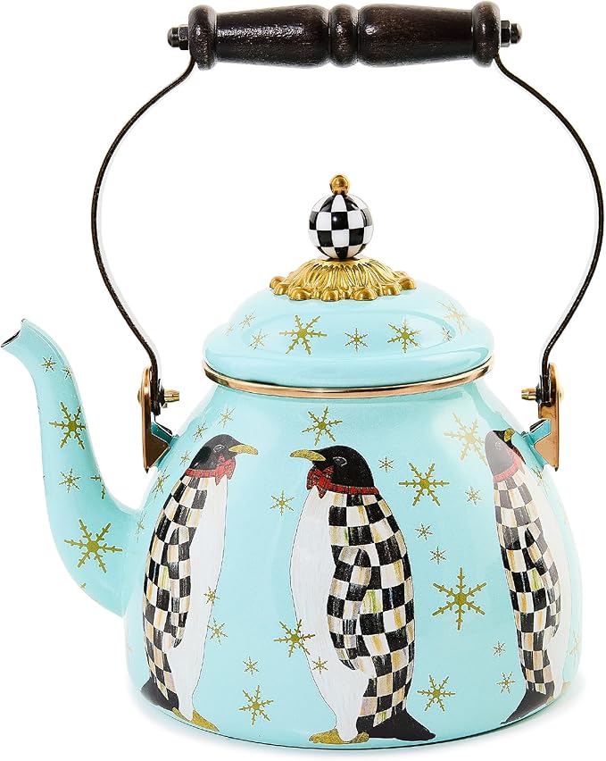 MACKENZIE-CHILDS Enamel Tea Kettle, Cute Tea Kettle for Stovetop, 2 Quarts, Penguin Parade