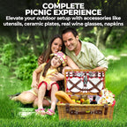 Nature Gear Picnic Basket, Wicker Basket with Handle for Outdoors, Insulated Woven Basket, Includes a Service Kit of Dinnerware & Wine Glasses, Picnic Basket Set for 4 with Blanket, Red & White