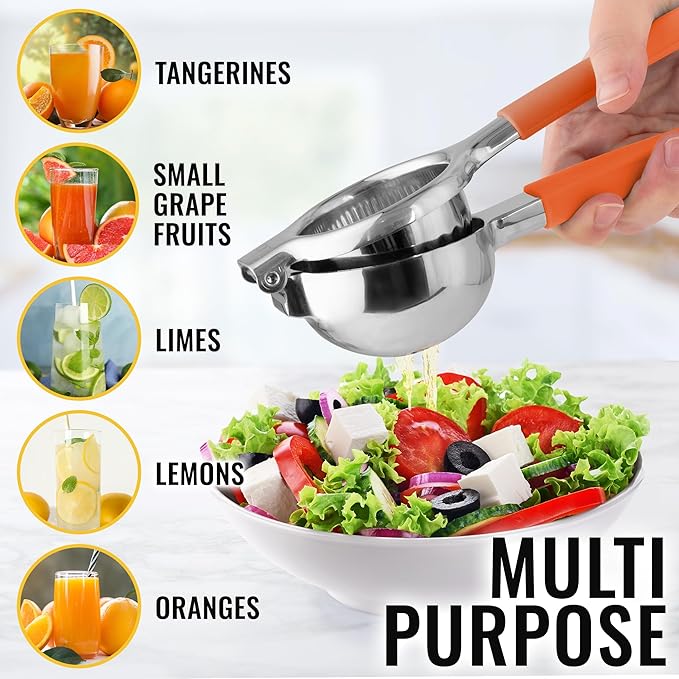 Zulay Lemon Squeezer Stainless Steel with Premium Heavy Duty Solid Metal Squeezer Bowl and Food Grade Silicone Handles - Large Manual Citrus Press Juicer and Lime Squeezer Stainless Steel (Orange)