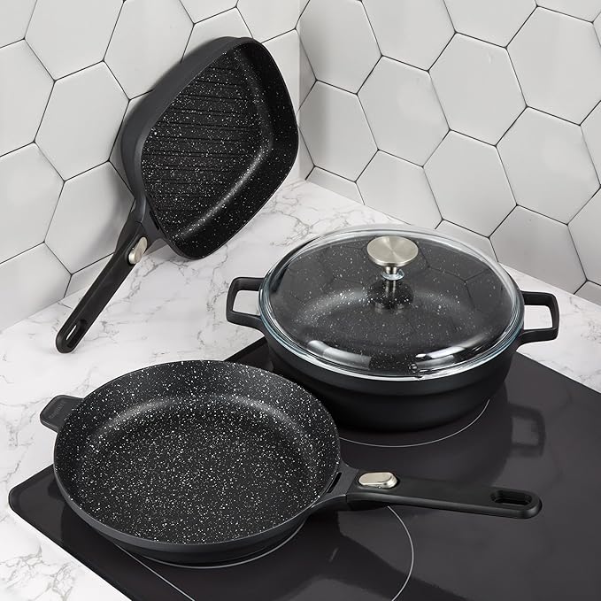 BergHOFF GEM 9Pc Non-stick Cookware Set, Best for Glass Top Cooktop and Gas Stove, Black