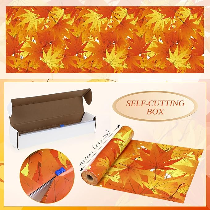 Tudomro 54 Inch x 100 Ft Fall Tablecloth Roll, Fall Party Supplies, Waterproof Plastic Autumn Leaves Tablecloth Disposable Table Cover for Thanksgiving Birthday Party Decorations