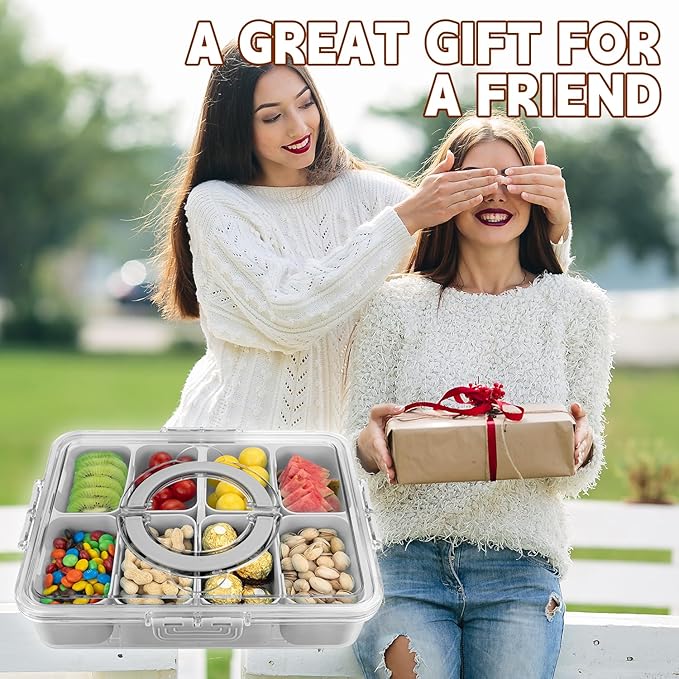 Divided Serving Tray with Lid and Handle,8 Compartments Snacks Box,Snack Fruit and Veggie Tray,Portable Platter for Candy Fruits Nuts Snack Party Entertaining Picnic (2 PCS Grey)