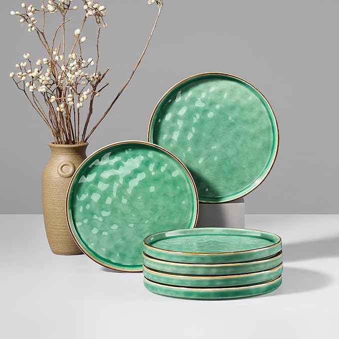 HaWare Stoneware Plates Set of 6, 7.9" Salad Plates, Reactive Glaze Ripple Ceramic Dish Set for Appetizer, Dessert, Scratch Resistant, Small Dinner Plate, Microwave and Dishwasher Safe, Reactive Green