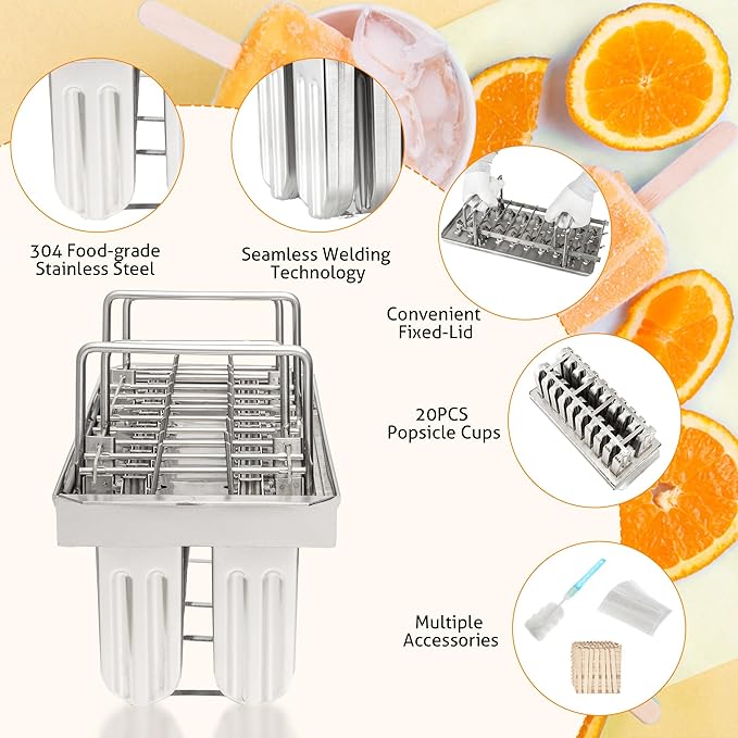 WICHEMI Commercial Popsicle Molds Stainless Steel Ice Pop Molds 20PCS Metal Ice Lolly Popsicle Mold Ice Cream Maker Mold Stick Holder with Lid Single Cup Capacity 85g