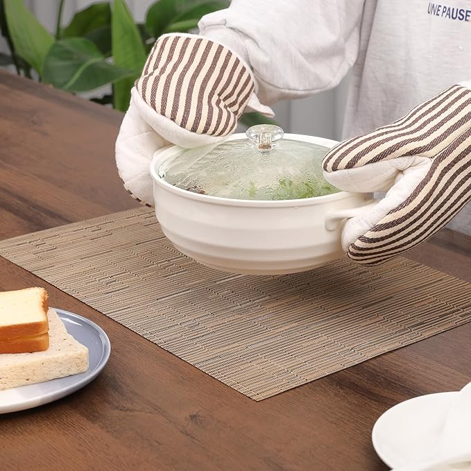 Myir JUN Placemats Set of 8, Vinyl Woven Placemats Place Mats Indoor Set of 8 Washable Table Mats Non-Slip Place mats for Dining Table (Light Brown, Set of 8)