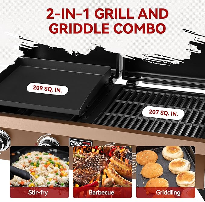 GD4002TPY Portable Tabletop Grill & Griddle Combo with Hood, 4-Burner Portable Propane Gas Grill Griddle Combo for Backyard, Camping, Picnicking and Tailgating, 40,000 BTU, Bronze Gold