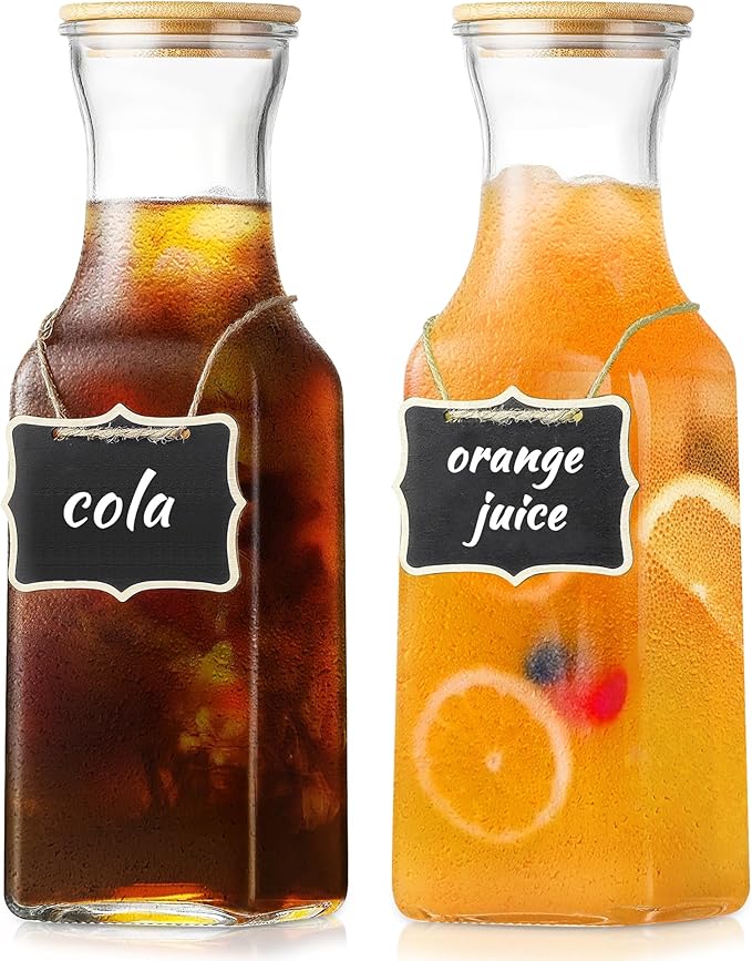 Set of 2 Square Glass Carafe, 1 Liter Beverage Serveware Carafe with Bamboo Lid, Water Bottles, Clear Glass Pitchers for Mimosa Bar, Milk, Juice, Lemonade(2 Bottles)
