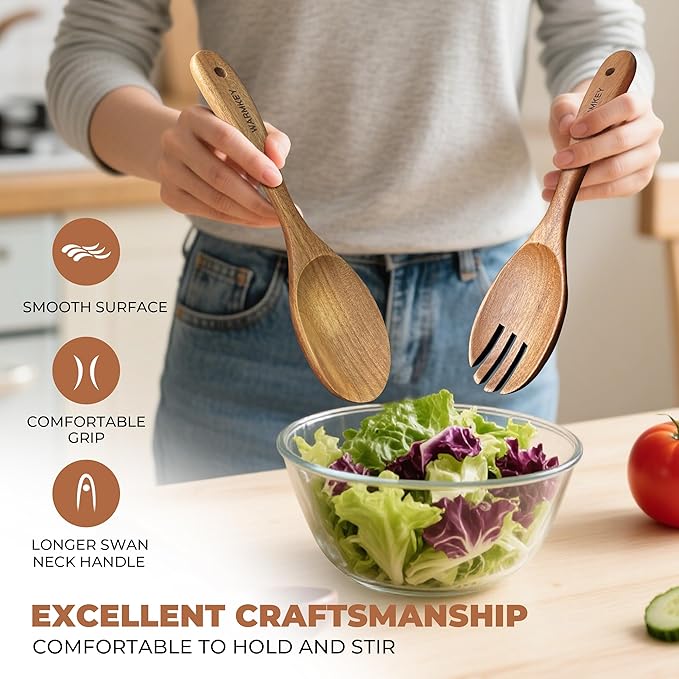 Acacia Wood Kitchen Utensil Set 9PC - Natural Wooden Cooking Tools for Nonstick Pans&Stir Frying, Scratch-Proof & Heat Resistant, Sturdy & Lightweight with Spoon Rest(Spatula/Spoon/Salad Fork)