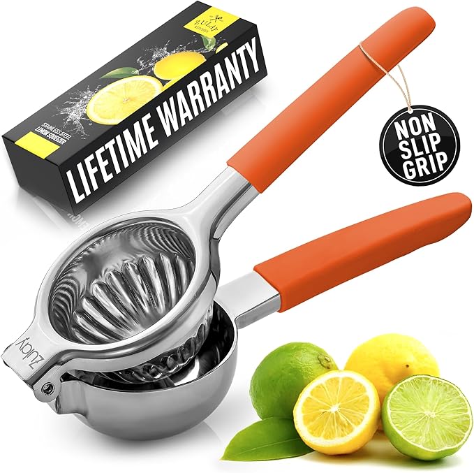 Zulay Lemon Squeezer Stainless Steel with Premium Heavy Duty Solid Metal Squeezer Bowl and Food Grade Silicone Handles - Large Manual Citrus Press Juicer and Lime Squeezer Stainless Steel (Orange)
