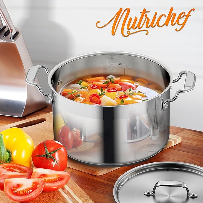 NutriChef 5-Quart Stainless Steel Stockpot with Lid- 18/8 Food Grade Heavy Duty Inox Large Stock Pot for Stew, Soup, Works w/ Induction