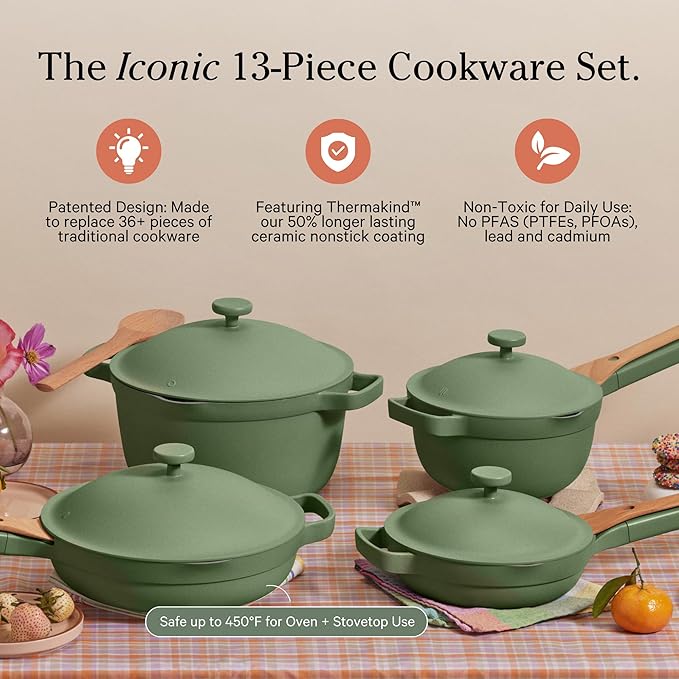 Our Place Cookware Set - Complete 13-Piece Set Including Always Pan 2.0, Mini Always Pan, Perfect Pot, and Mini Perfect Pot | Multifunctional, Toxin-Free Nonstick | Replaces 36 Pieces | Sage