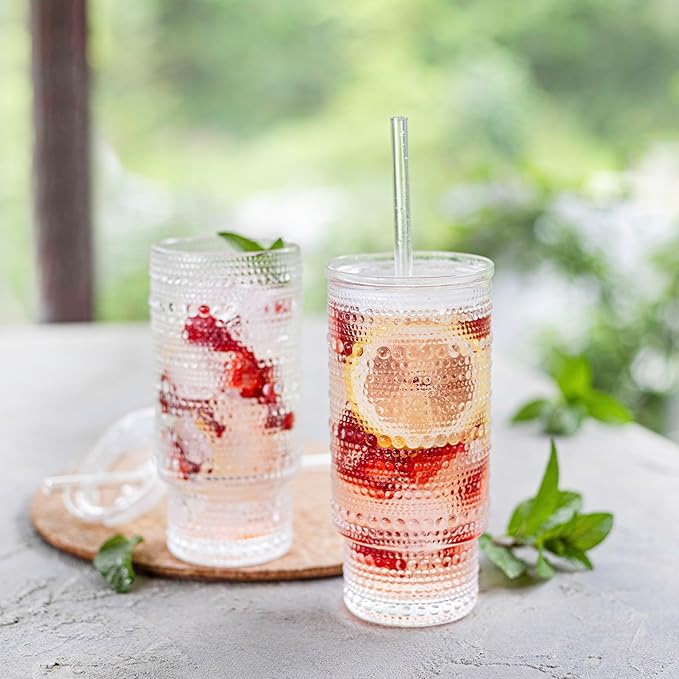 All Glass Hobnail Tumbler with Glass Lid and Straw, Beaded Style Set of 2 (16 oz Hobnail)