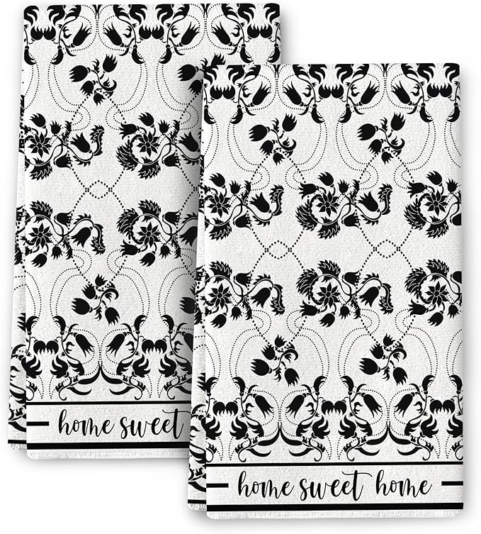 Black Kitchen Towels Decorative Set of 2, Absorbent Boho Floral Dish Towels for Kitchen Drying Cleaning, Cute Tea Towels Hand Towels for Kitchen Bar Bathroom Decor,Housewarming Gifts for Women