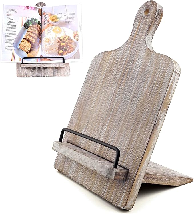 Cookbook Stand Wooden Recipe Book Holder: Recipe Book Stand for Kitchen Counter - Adjustable Cookbook Holder - Rustic Wood Cutting Board Style - Gift - Gray