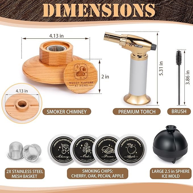 Cocktail Smoker Kit – Drink Smoker Bartender Kit with Torch, Sphere Ice Molds, Aromatic Wood Chips – Professional Bourbon Smoker Kit for Cocktails, Whiskey. No Butane (STD)