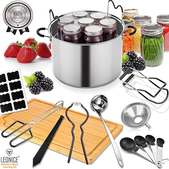 Canning Supplies Starter Kit, Stainless Steel Canning Set Tools: Rack, Ladle, Measuring Spoons, Funnel, Tongs, Jar Lifter, Lid Lifter & Accessories for Canner/Pot, Beginner, Home Canning Kit - Black