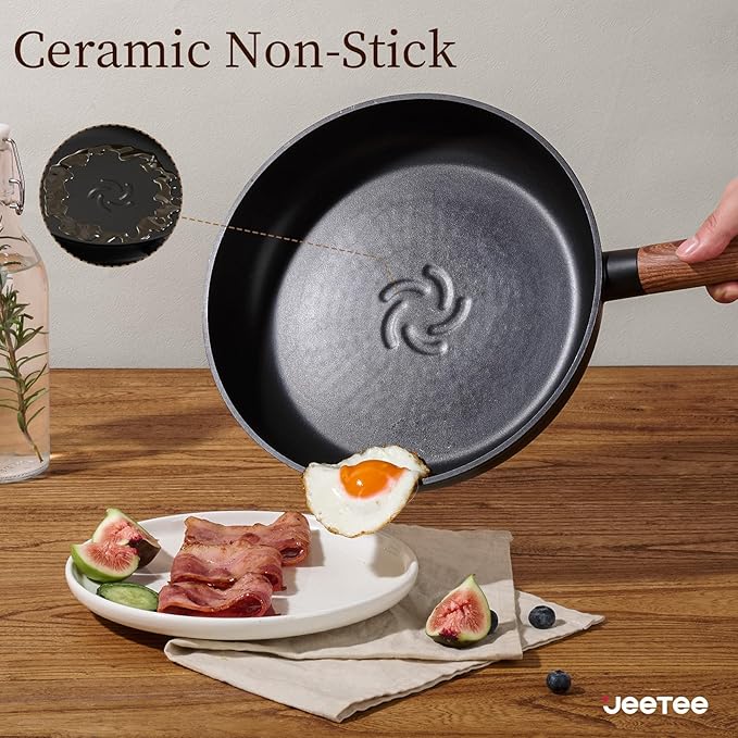 JEETEE Ceramic Cookware Set, 15 PCS Pots and Pans Set Non Stick with Removable Handles, Non Toxic Induction Kitchen Cookware Sets, Dishwasher/Oven Safe PFAS/PFOA Free Black