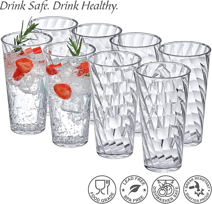Amazing Abby - Glacier - 18-Ounce Plastic Tumblers (Set of 8), All-Clear Reusable Plastic Cups, Stackable, BPA-Free, Shatter-Proof, Dishwasher-Safe