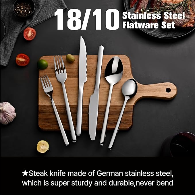 KINGSTONE 48-Piece Silverware Set with Steak Knives, Flatware Set for 8, Stainless Steel Tableware Cutlery Set for Home Restaurant, Mirror Finish,Modern Design