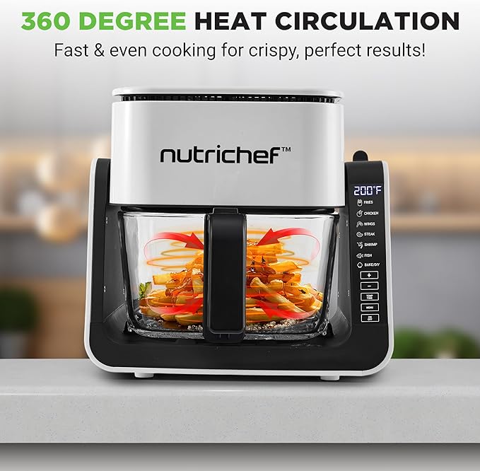 NutriChef 4 QT Air Fryer & Grill | 8-1 Preset Cook Modes | Transparent Fry Bowl for Best Cooking Results | Cook Shrimp, Steak, Fries, Wings & More | 4 QT Glass Air Fryer & 1.2 QT Grill | White