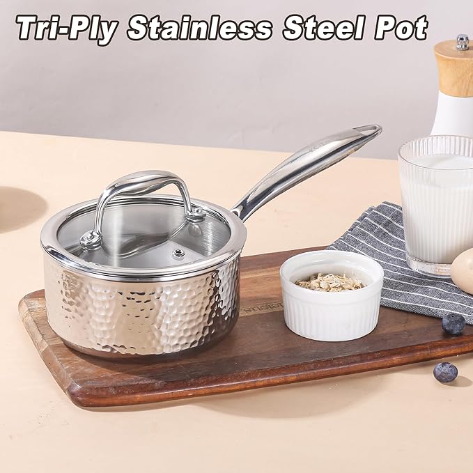 1-Quart Saucepan with Lid, Tri-Ply Stainless Steel Pot with Stay-Cool Handle & All Cooktop Compatibility (Gas, Ceramic, Electric) - Silver Hammered