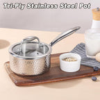 1-Quart Saucepan with Lid, Tri-Ply Stainless Steel Pot with Stay-Cool Handle & All Cooktop Compatibility (Gas, Ceramic, Electric) - Silver Hammered