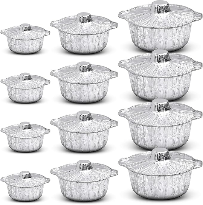 12 Pcs Disposable Aluminum Pot with Lid Round Foil Pans Disposable Cookware Food Container for Vacation Trips Camping Baking Heating Cooking (33.8,67.6,121.7 oz)