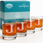 On The Rox Drinks (J-Monogram)- 4 Piece Set of 11 Ounce Engraved Heavy Base Rocks Glasses- Quality Elegant Glass-Multi-Purpose Beverage-Rocks Glass- Gift for any Occasion