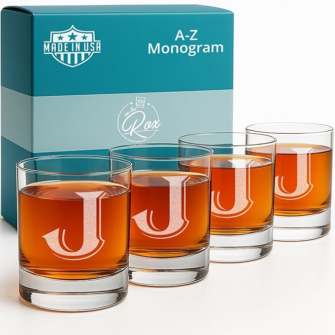 On The Rox Drinks (J-Monogram)- 4 Piece Set of 11 Ounce Engraved Heavy Base Rocks Glasses- Quality Elegant Glass-Multi-Purpose Beverage-Rocks Glass- Gift for any Occasion