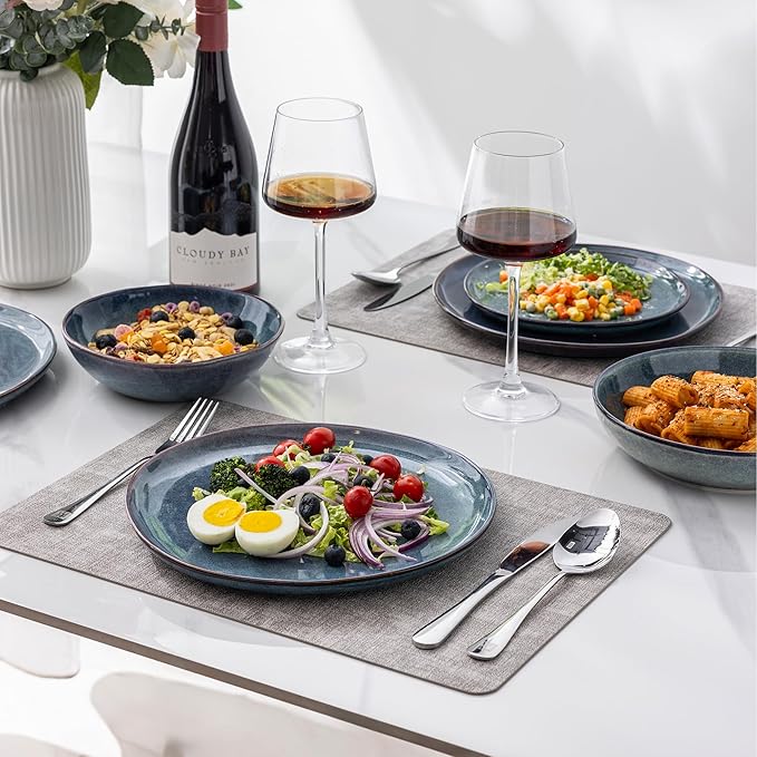 AmorArc Ceramic Dinnerware Sets,Handmade Reactive Glaze Stoneware Plates and Bowls Set,Highly Scratch Resistant | Dishwasher & Microwave Safe,Service for 4 Dishes Set - Reactive Blue(12pc)