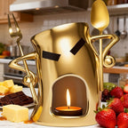 Ceramic Fondue Cup Set w/Built-In Fork & Spoon - Mini Chocolate/Cheese Fondue Mug | Microwave & Dishwasher Safe | Compact Gift-Ready (Gold)