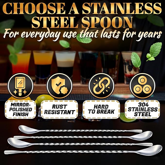 4 Pcs Bar Spoon Cocktail Mixing Spoon – 12'' Long Stainless Steel Cocktail Stirrers with Polished Surface, Easy to Clean – Great for Professional and Home Use, Practical Gift for Drink Mixing Lovers
